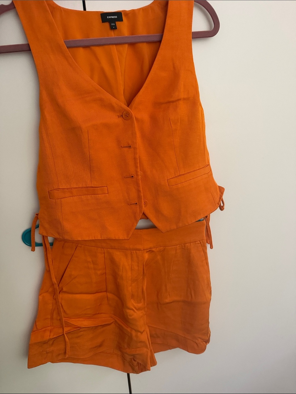 Express Orange Linen-Blend Vest and High-Waist Shorts
